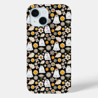 Retro Ghost Flowers Halloween Seamless Pattern
