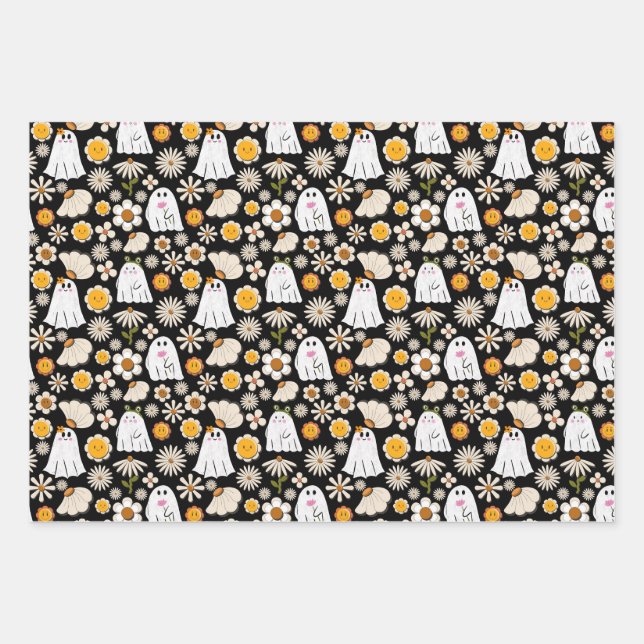 Retro Ghost Flowers Halloween Seamless Pattern Wrapping Paper Sheet (Front)