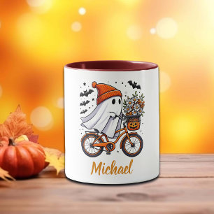 Retro Ghost on Bicycle Halloween Mug