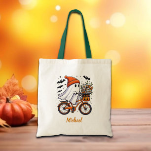 Retro Ghost on Bicycle Halloween Tote Bag