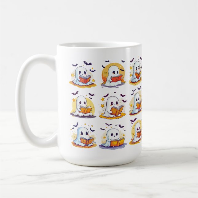 Retro Ghost Reading Books – Cute Spooky Book Coffee Mug (Left)