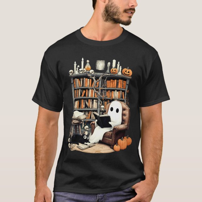 Retro Ghost Reading Books Halloween T-Shirt (Front)
