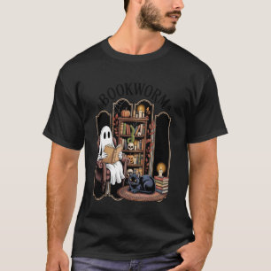 Retro Ghost Reading Books Librarian Cat Halloween T-Shirt