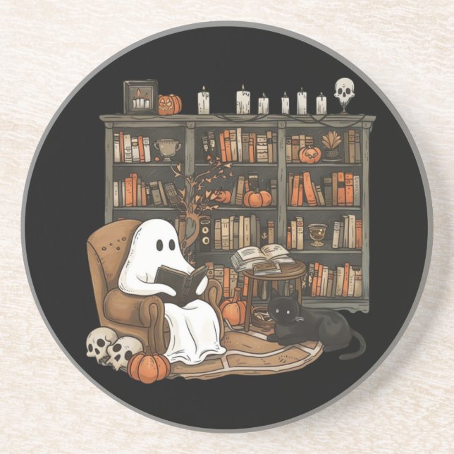 Retro Ghost Reading Books, Librarian Ghost  Coaster (Front)