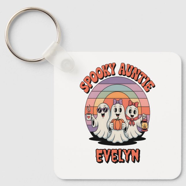Retro ghost Spooky Auntie Custom Halloween Key Ring (Front)