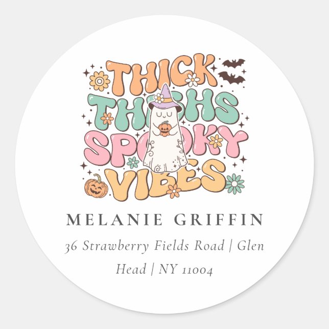 Retro Ghost Thick Thighs Spooky Vibes Address Classic Round Sticker (Front)