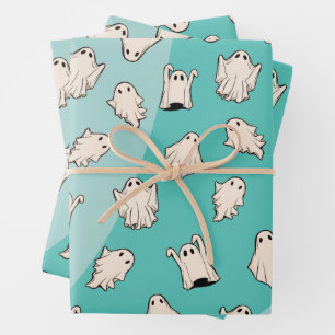 Retro Ghosts Blue Halloween Wrapping Paper Sheet