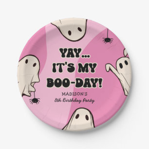 Retro Ghosts Pink Halloween Birthday Party Paper Plate