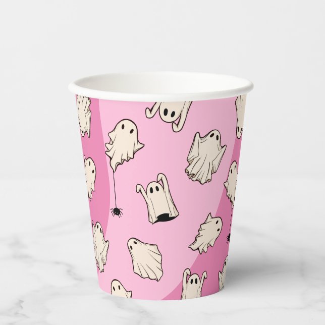 Retro Ghosts Pink Halloween Party Paper Cups (Front)
