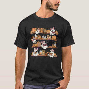 Retro Ghosts Reading Book Halloween Bookshelf Spoo T-Shirt