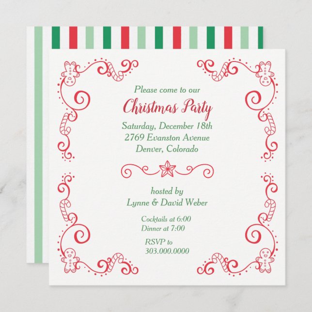 Retro Gingerbread Candy Cane Border Holiday Party Invitation (Front/Back)