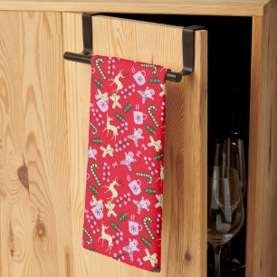 Retro Gingerbread Deer Candycane Treats Christmas Tea Towel
