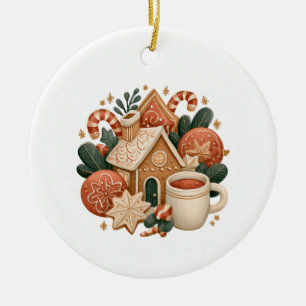 Retro Gingerbread House with Cocoa and Cookies Ceramic Ornament
