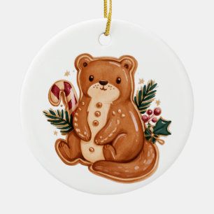 Retro Gingerbread Otter with Candy Cane Ceramic Ornament