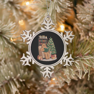 Retro Gingerbread Reading Books Christmas Teacher Snowflake Pewter Christmas Ornament