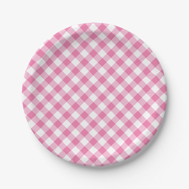 Retro Gingham Fuchsia Pink Paper Plate (Front)