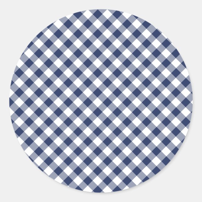 Retro Gingham Navy Blue Classic Round Sticker (Front)