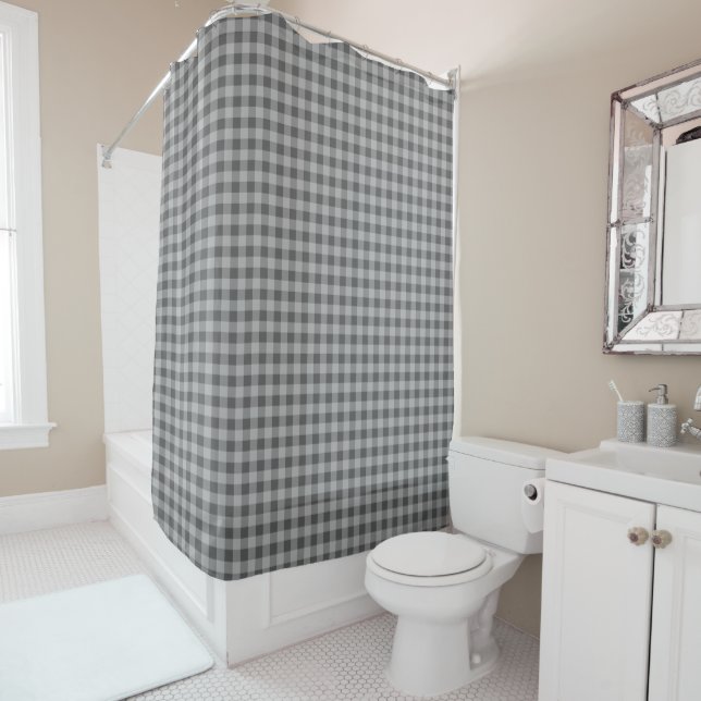 Retro Gingham Plaid in Grey Shower Curtain (In Situ)