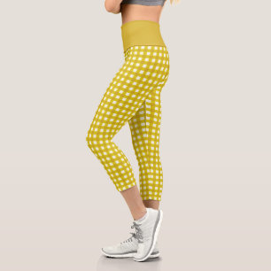 Retro Gingham Plaid in Mustard Yellow Capri Leggings