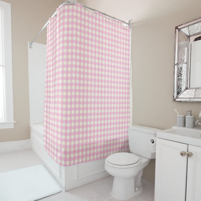 Retro Gingham Plaid in Pastel Pink Shower Curtain (In Situ)