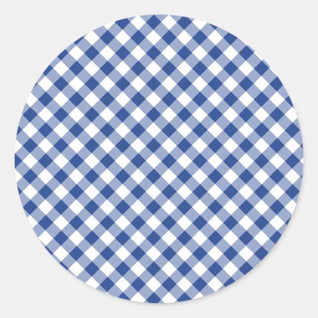 Retro Gingham True Blue Classic Round Sticker (Front)