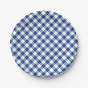 Retro Gingham True Blue Paper Plate