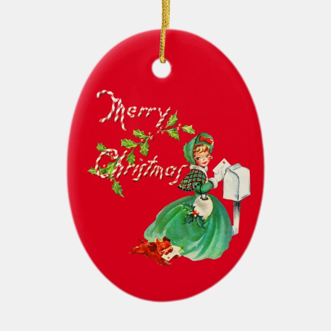 Retro Girl and Dog Old Fashioned Christmas  Ceramic Ornament (Front)