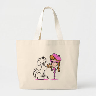 retro girl and pet dog large tote bag