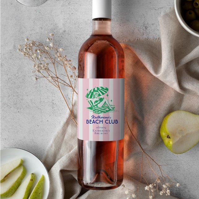 Retro Girl Beach Club Pink Stripes Birthday Party Wine Label (Creator Uploaded)