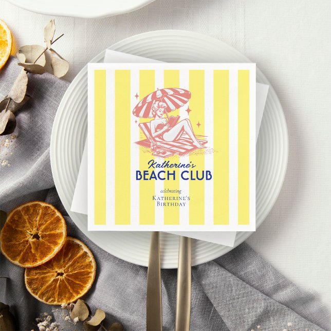 Retro Girl Beach Club Yellow Stripes Birthday  Napkin (Creator Uploaded)