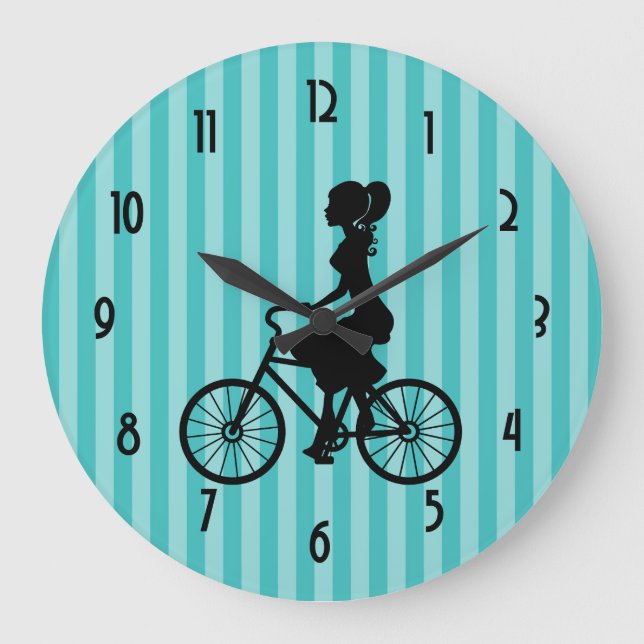 Retro Girl Cyclist Silhouette Large Clock (Front)