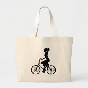 Retro Girl Cyclist Silhouette Large Tote Bag