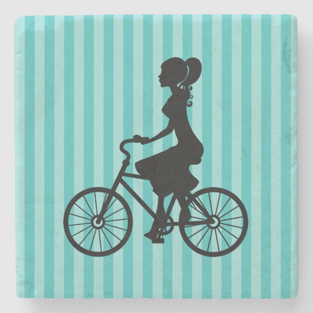 Retro Girl Cyclist Silhouette Stone Coaster (Front)