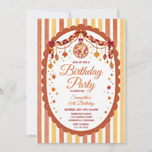 Retro Girl Fall Autumn Disco Birthday Party Floral Invitation
