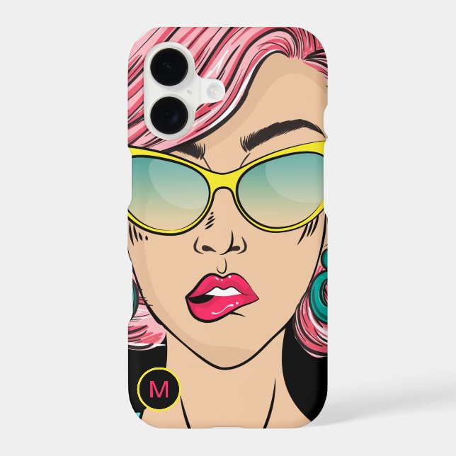 Retro Girl Funny Face Monogram Initial Black (Back)