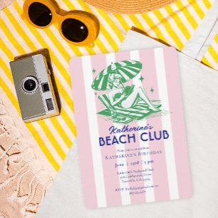 Retro Girl Pink Stripes Beach Club Birthday Party Invitation