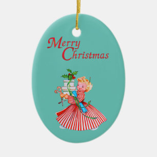 Retro Girl & Presents Merry Christmas Candy Cane Ceramic Ornament