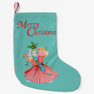 Retro Girl & Presents Merry Christmas  Small Christmas Stocking