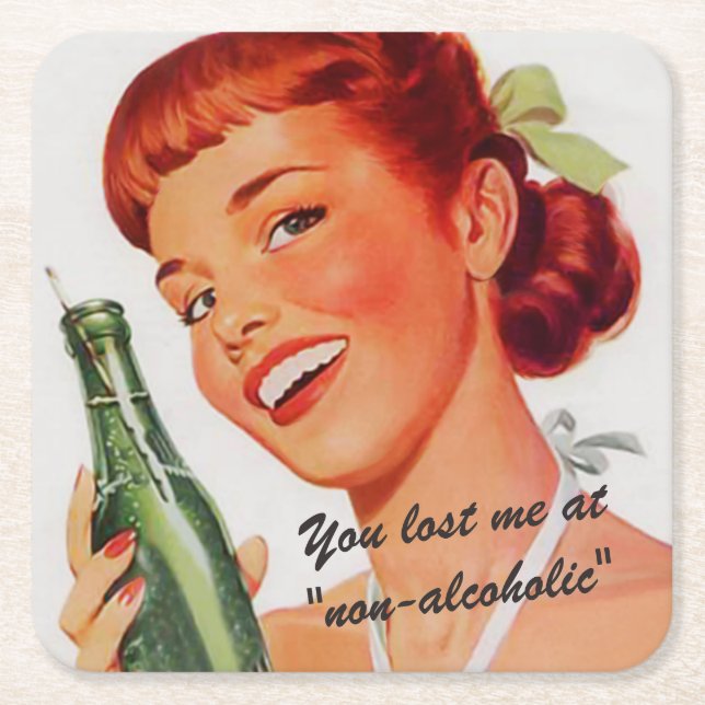 Retro Girl Soda Advert Custom Slogan Square Paper Coaster (Front)