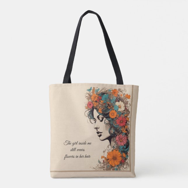 Retro Girl with Flowers in her hair Tote Bag (Back)