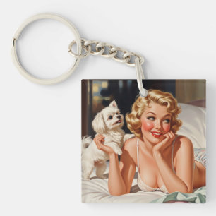 Retro Girl with Maltese Dog 50's Pin-up Art Key Ring