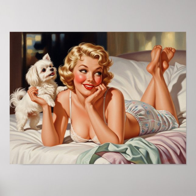 Retro Girl with Maltese Dog 50's Pin-up Art Poster (Front)