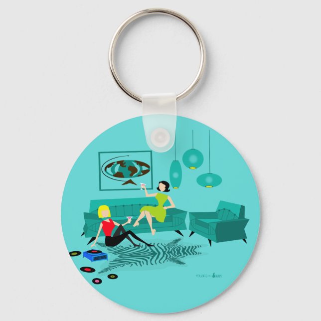 Retro Girls' Night In Button Keychain (Front)