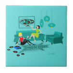 Retro Girl's Night In Ceramic Tile<br><div class="desc">It looks like it’s going to be a fun time with this kitschy Retro Girls’ Night In Ceramic Tile. The 1960’s style, minimalist art design features two women with pink cocktails in a thoroughly mid century modern, aqua and turquoise living room. These ladies certainly know how to relax. The raven...</div>
