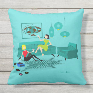 Retro Girl's Night In Outdoor Throw Pillow