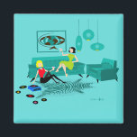 Retro Girl's Night In Square Magnet<br><div class="desc">It looks like it’s going to be a fun time with this kitschy Retro Girls’ Night In Square Magnet. The 1960’s style, minimalist art design features two women with pink cocktails in a thoroughly mid century modern, aqua and turquoise living room. These ladies certainly know how to relax. The raven...</div>