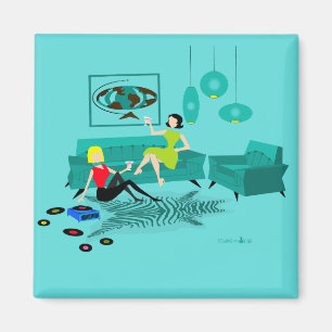 Retro Girl's Night In Square Magnet
