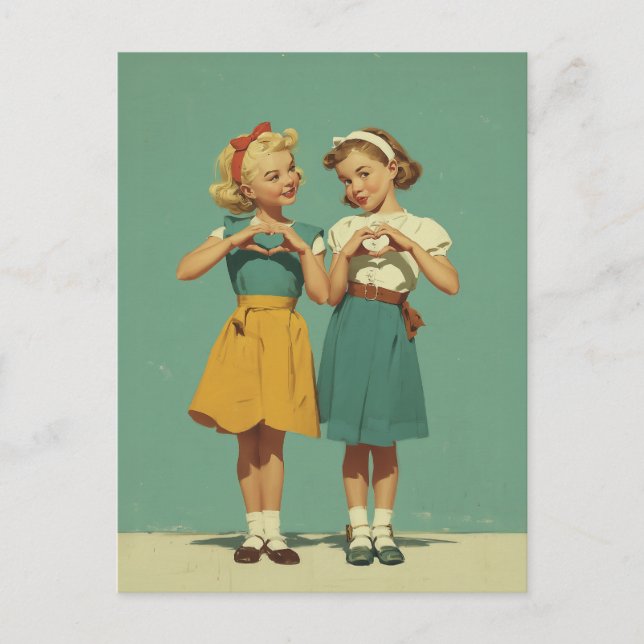 Retro Girls Sharing Heartfelt Joy Postcard (Front)