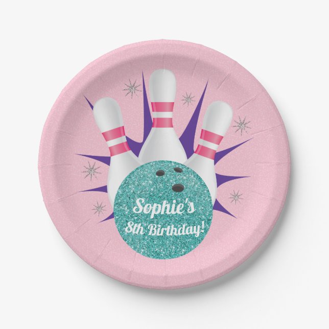 Retro Girls Tenpin Bowling Party Paper Plate (Front)