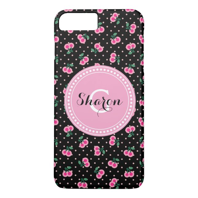 Retro girly black pink cherry patterns monogram Case-Mate iPhone case (Back)